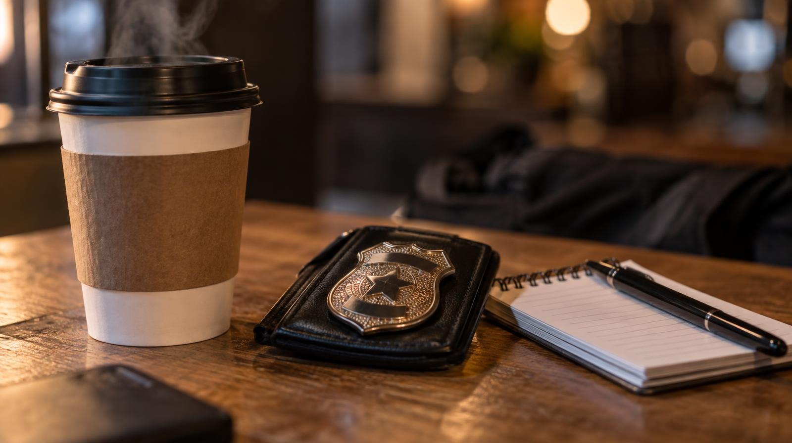 A steaming paper coffee cup beside a police badge on a table.