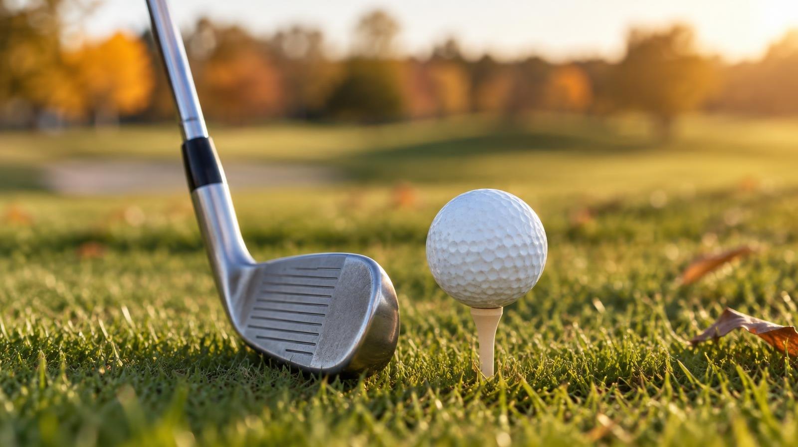 A golf ball on a tee with an iron club resting beside it on a trimmed fairway.