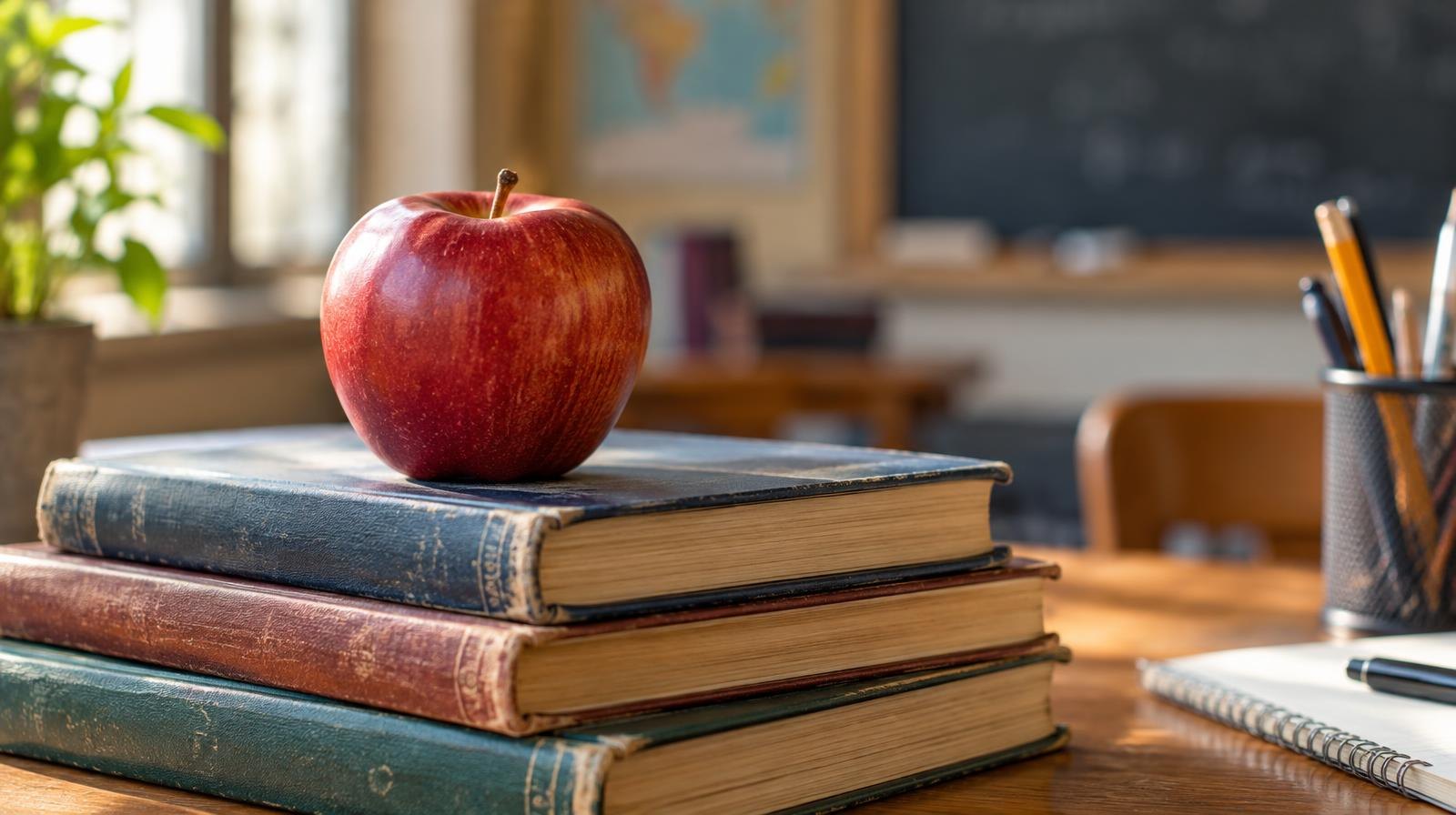 A red apple resting on a stack of hardcover textbooks on a wooden desk.