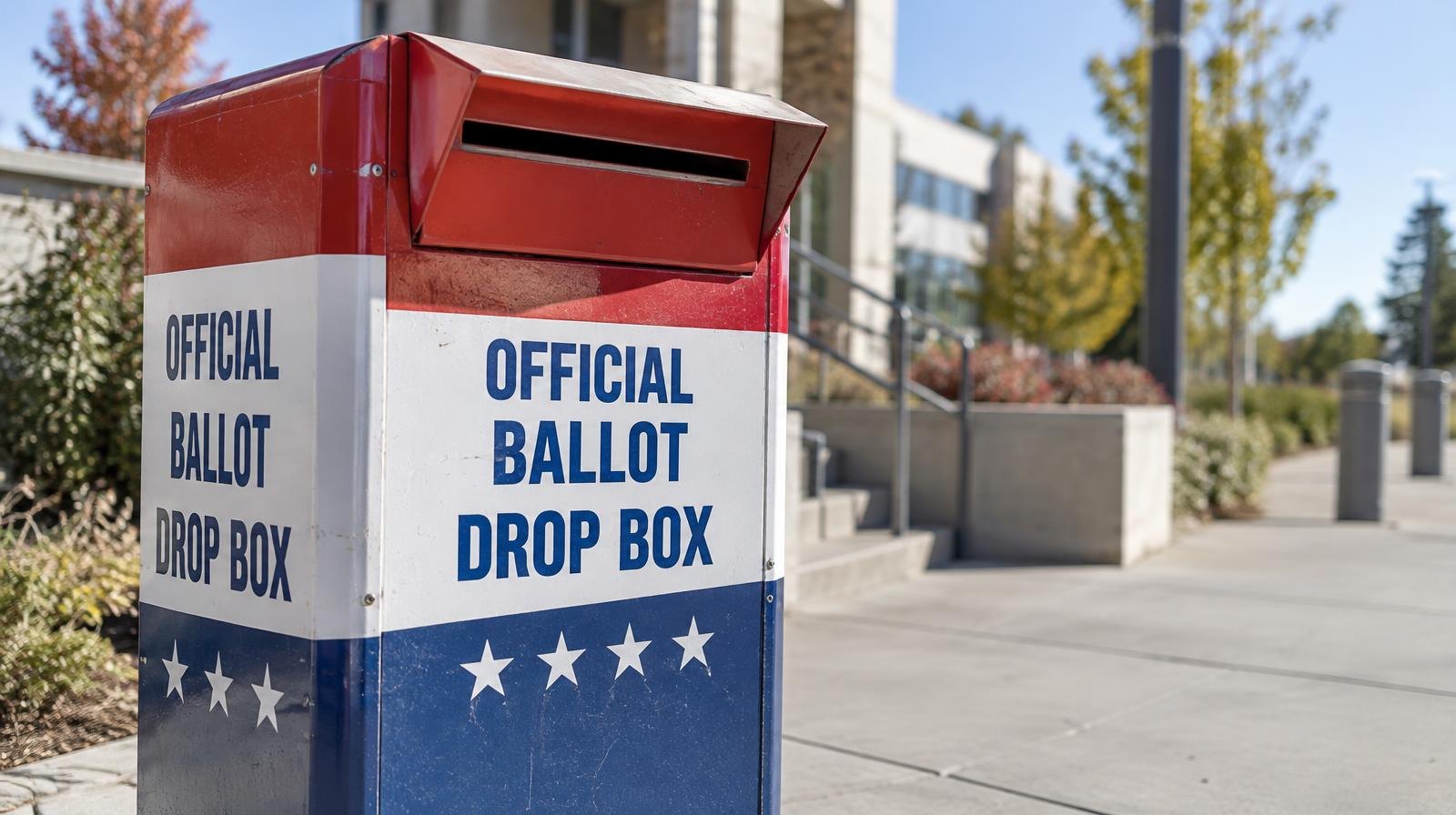A red, white, and blue ballot drop box mounted on a sidewalk outside a building.