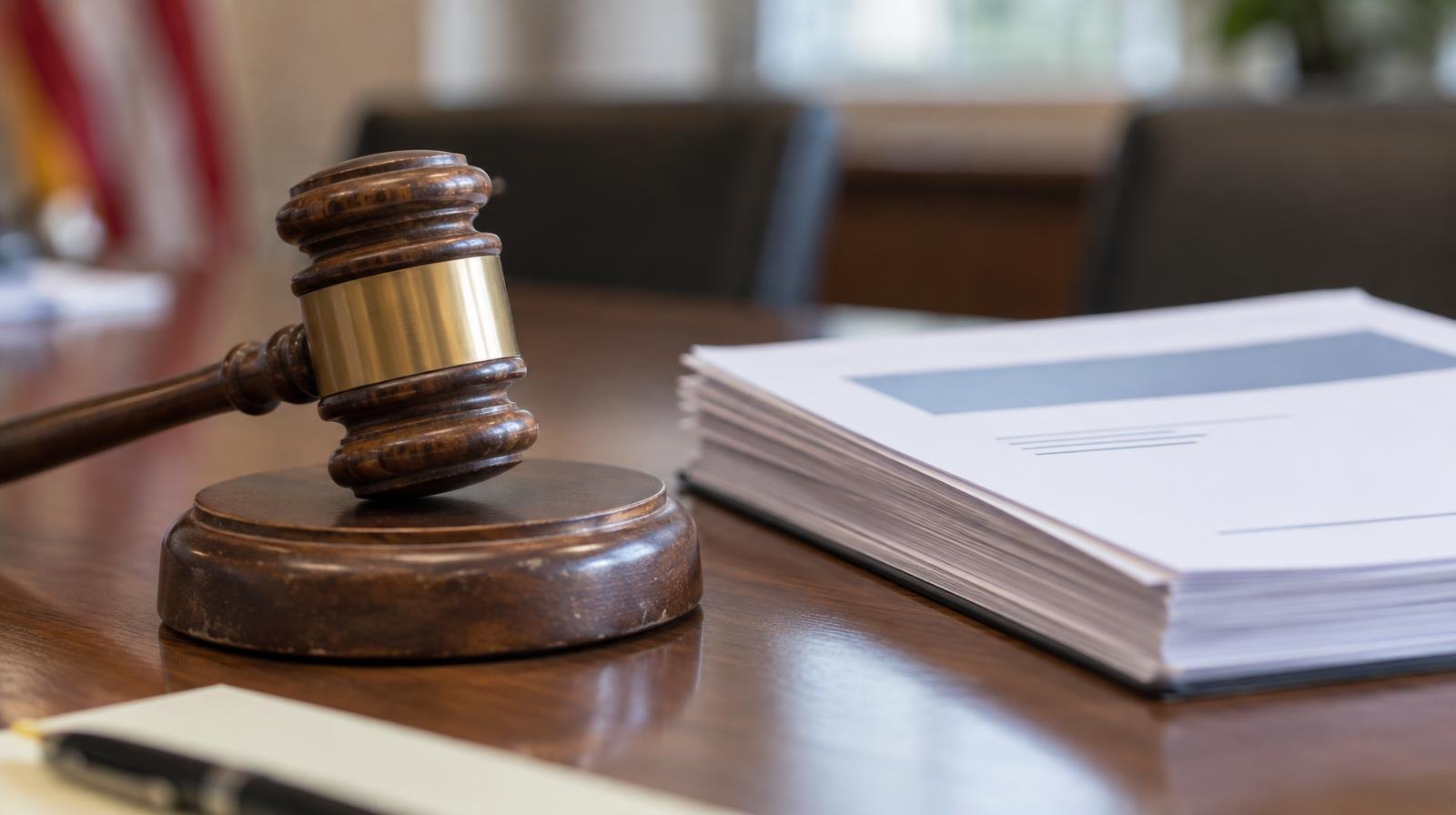 A wooden gavel resting on its sound block beside stacked documents on a table.