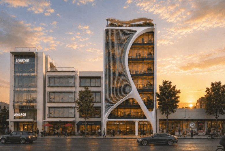 Architectural rendering of a modern multi-story building with a white sculptural facade, ground-floor retail, and a landscaped rooftop.