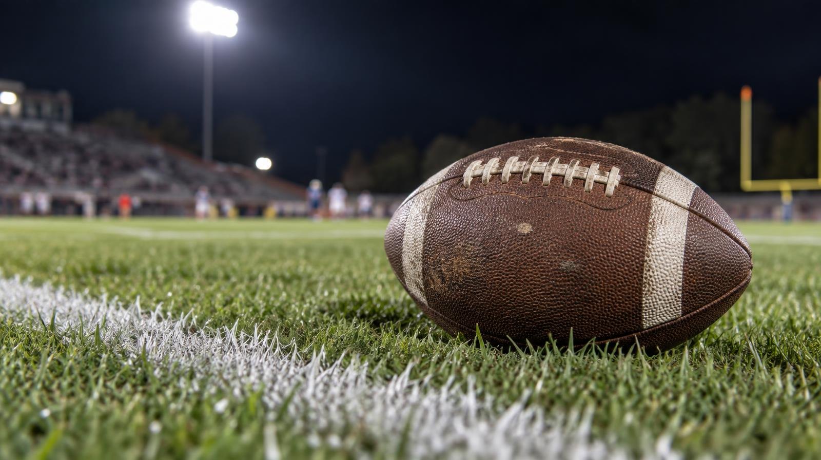 An American football on green grass near a white yard line under bright stadium lights.