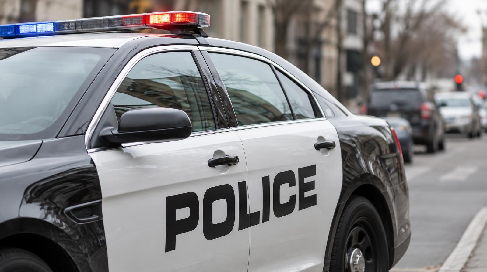 A police patrol car with a light bar on the roof parked along a city street.