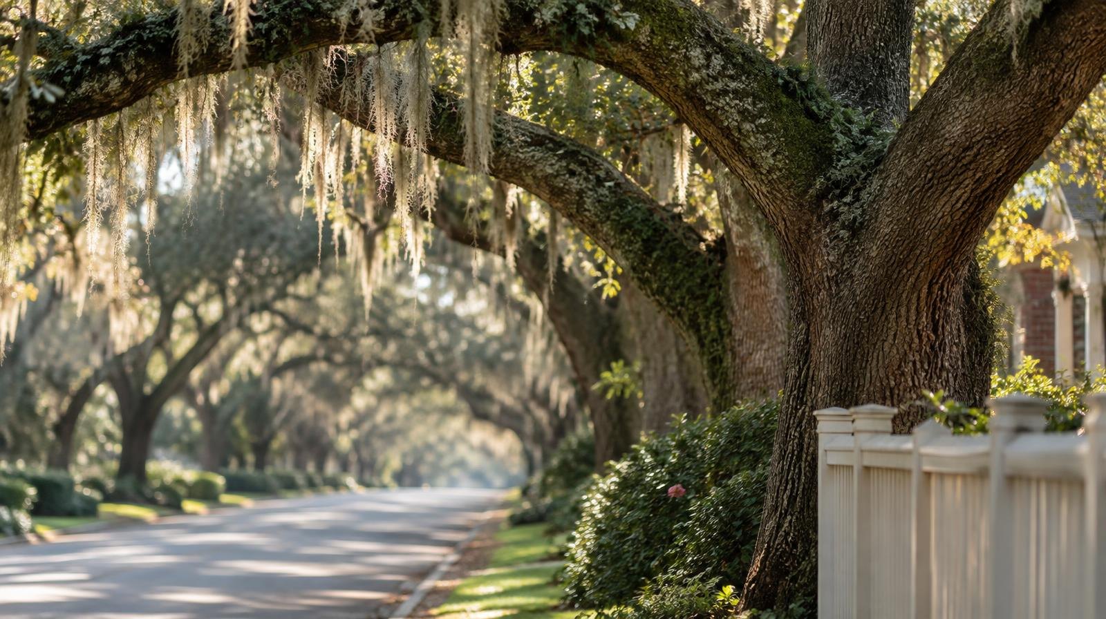 Live oak trees with Spanish moss arching over a shaded neighborhood road.