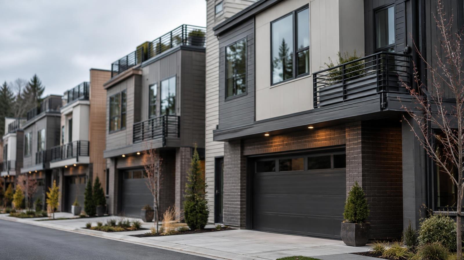 Row of modern multi-story townhomes with rooftop patios and garages.