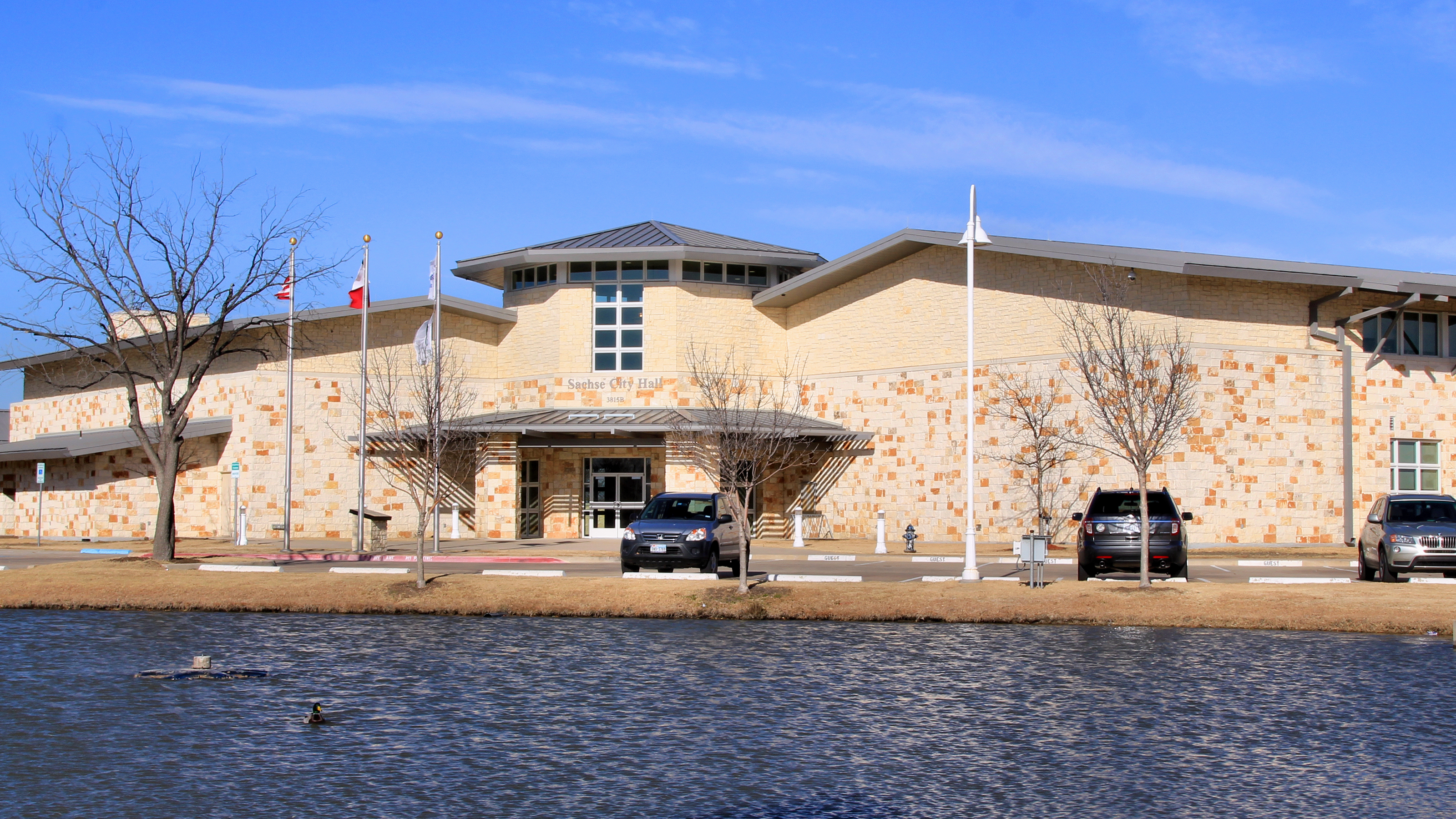 Exterior of Sachse City Hall building on a clear day.