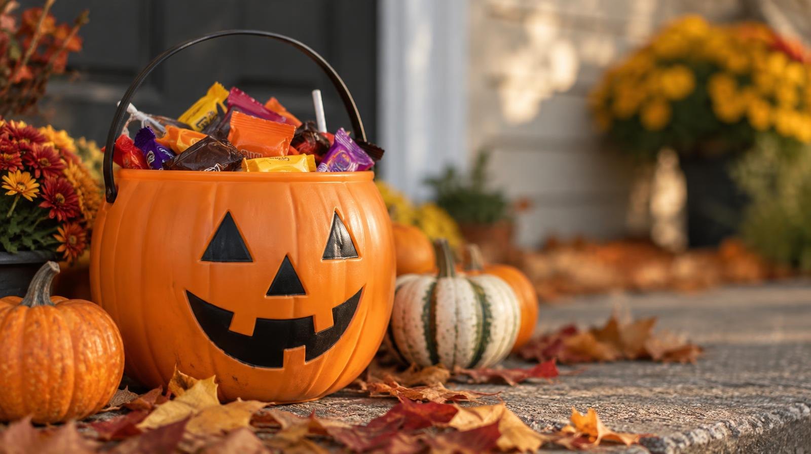 Halloween candy in an orange jack-o'-lantern bucket surrounded by autumn leaves and small pumpkins.