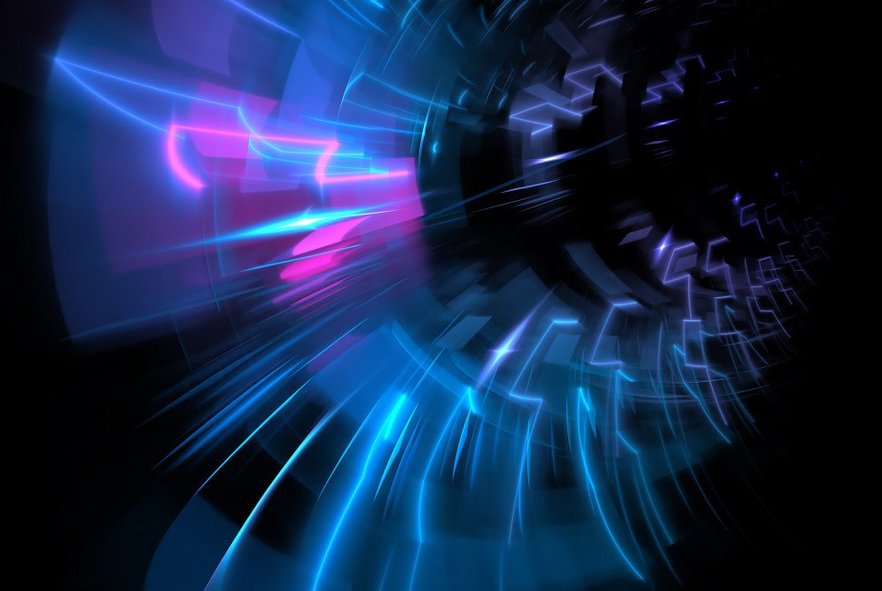Abstract neon blue and pink light streaks radiate outward from a dark central vortex.