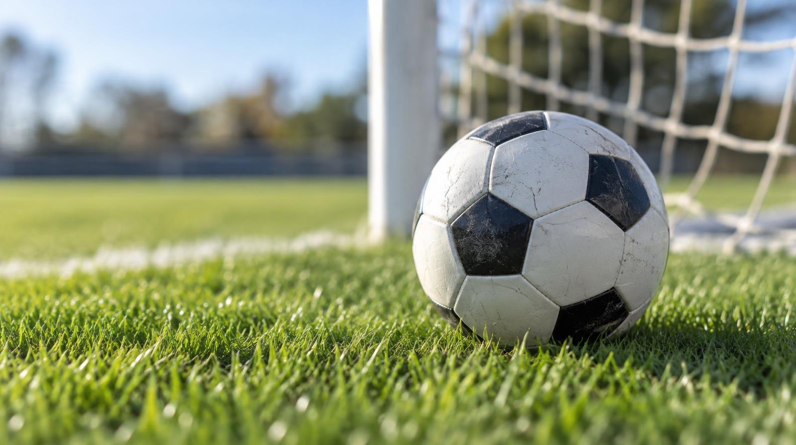 A white soccer ball on green grass near a goal net in sunlight.