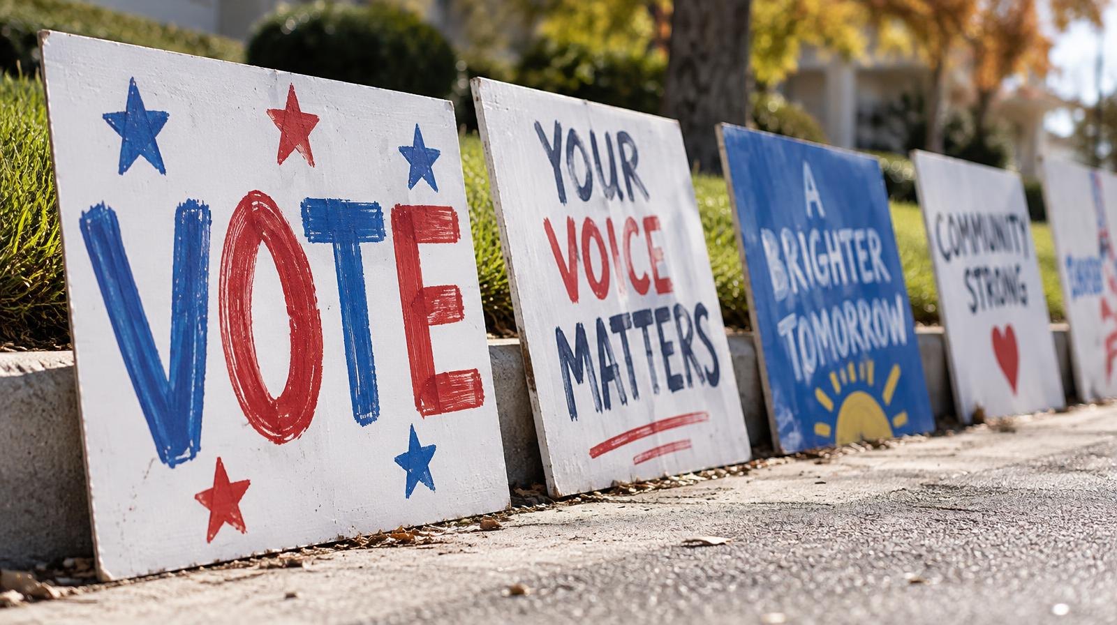Colorful handmade protest signs leaning against a curb on a sunny street.