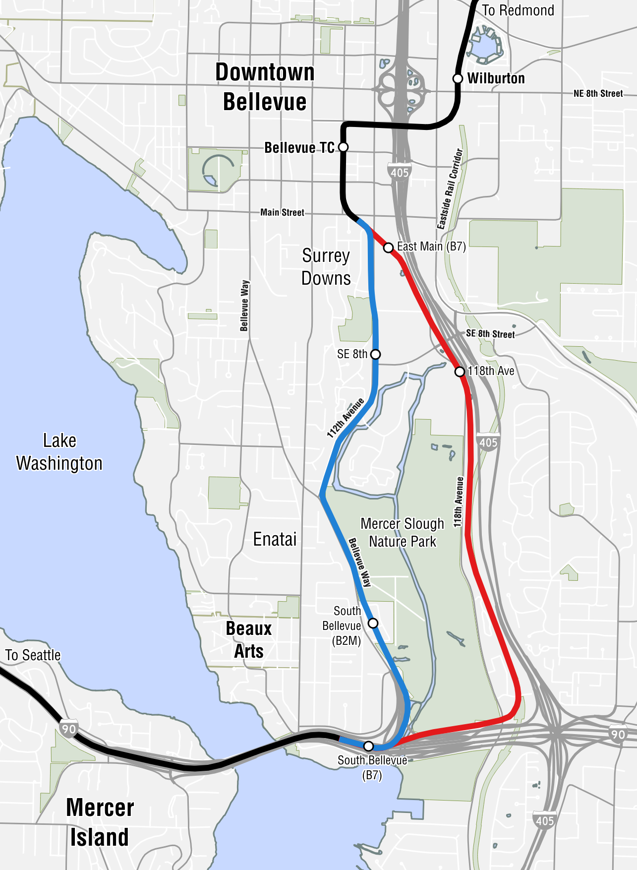 Map showing two light-rail alignment options through southwestern Bellevue neighborhoods.