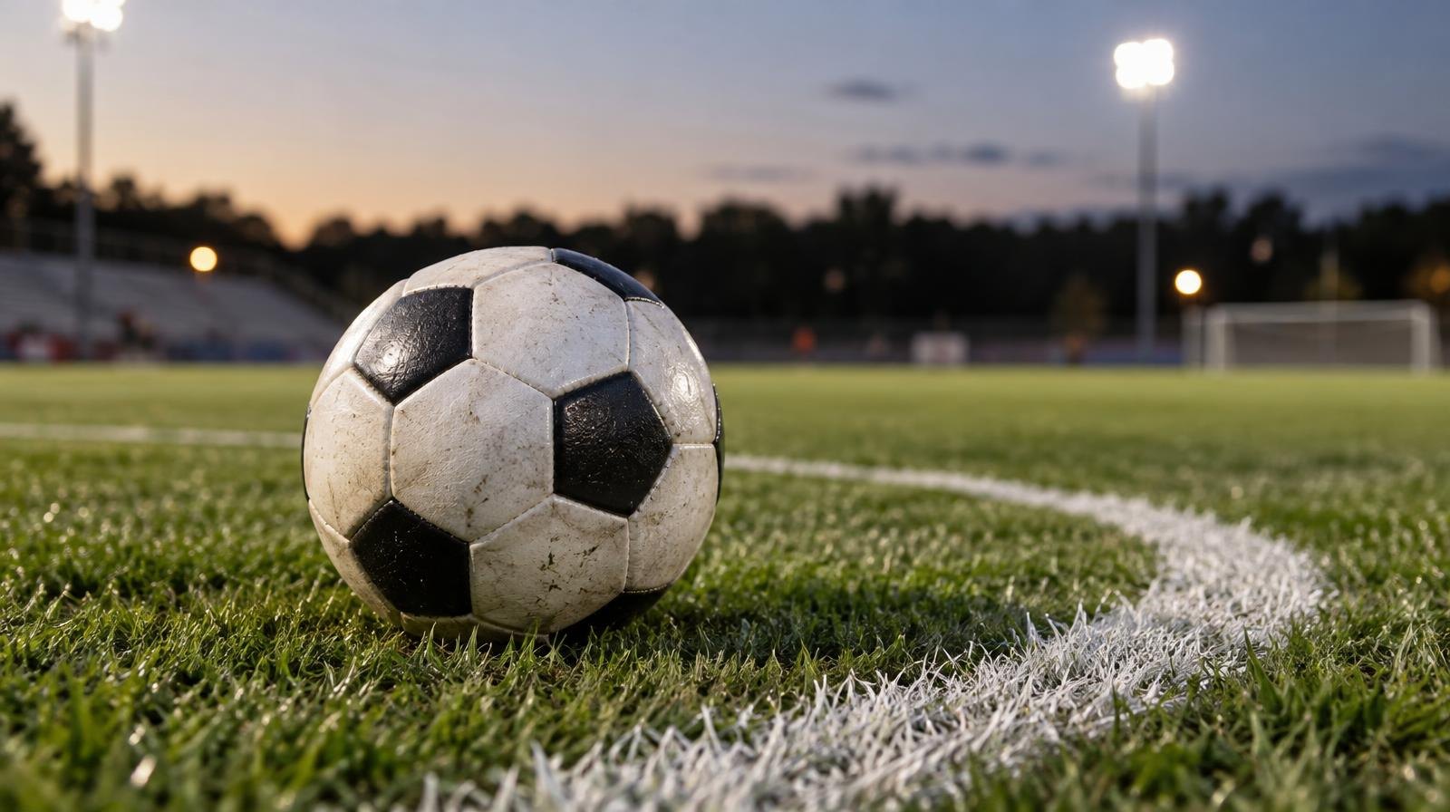 A black-and-white soccer ball resting on green grass near a white painted line.