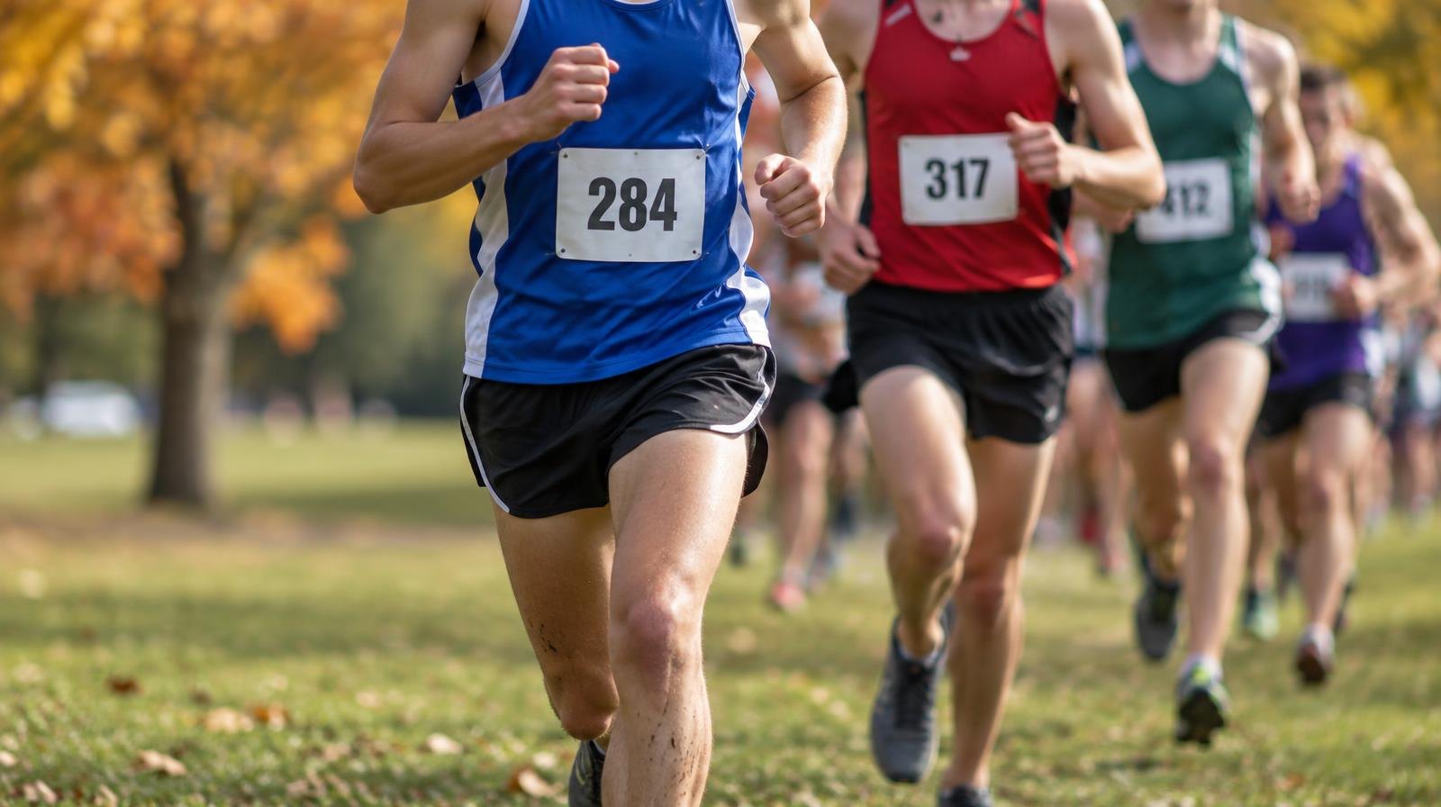 Runners in colorful race singlets competing on a grass cross-country course lined with fall foliage trees.