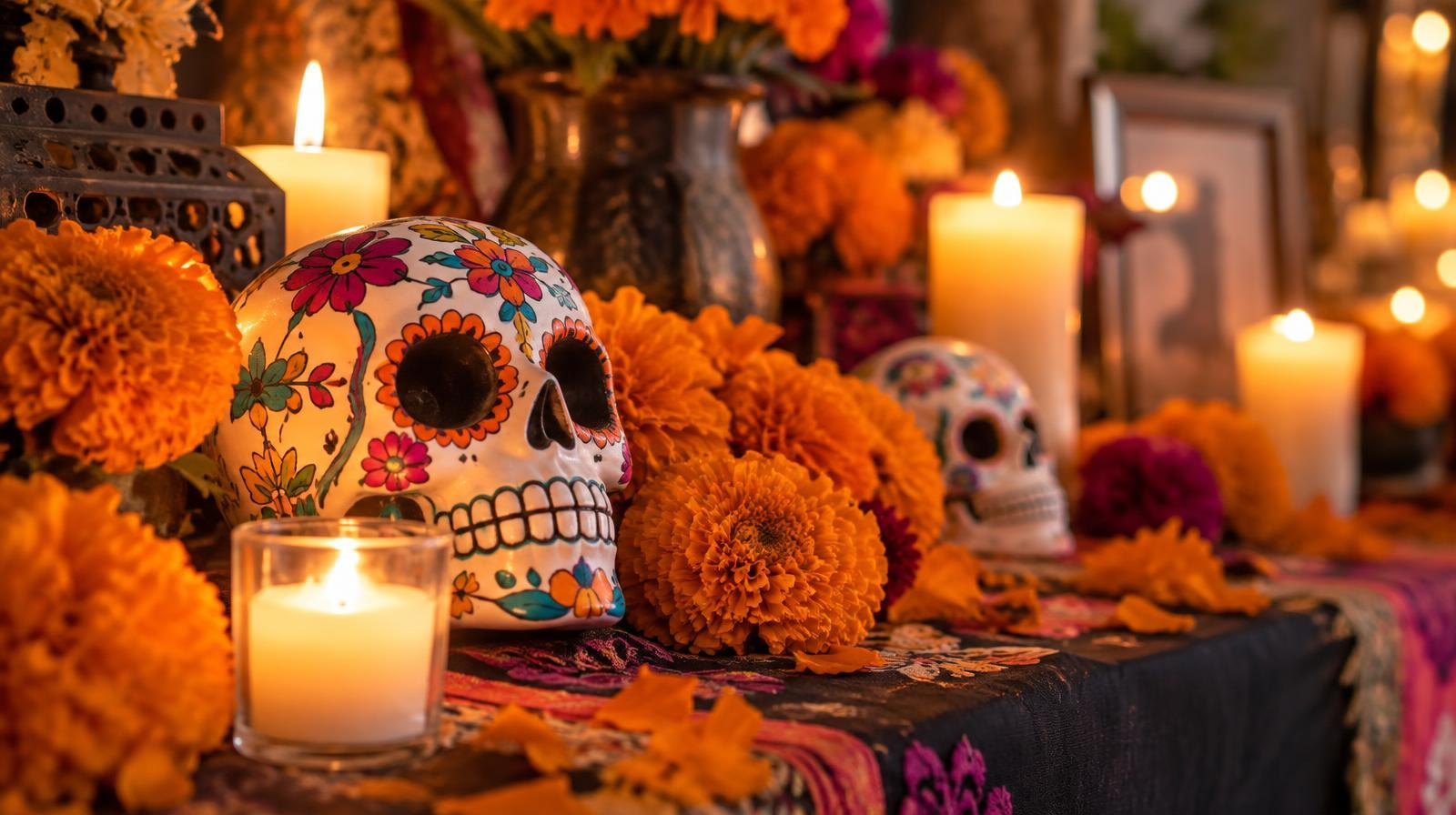 A colorful altar with marigold flowers, candles, and sugar skull decorations.