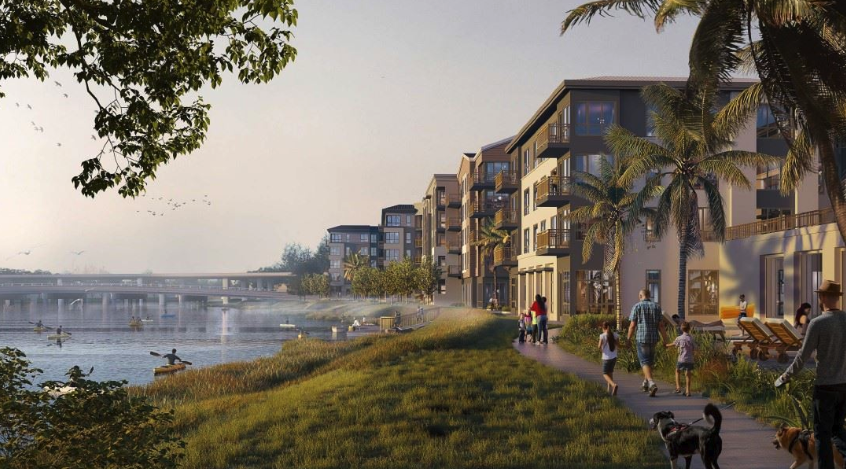 Architectural rendering of the proposed apartment complex along Seal Slough in San Mateo, showing a waterfront walkway with pedestrians and kayakers.