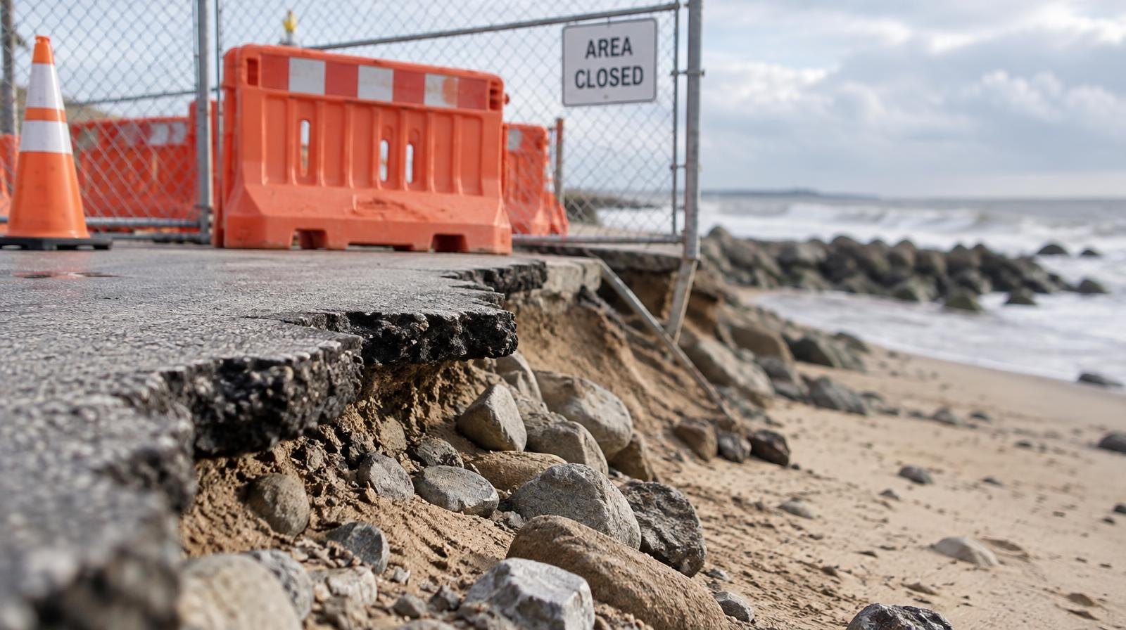 Crumbled asphalt at a beach parking lot edge, with a chain-link fence and orange barriers.