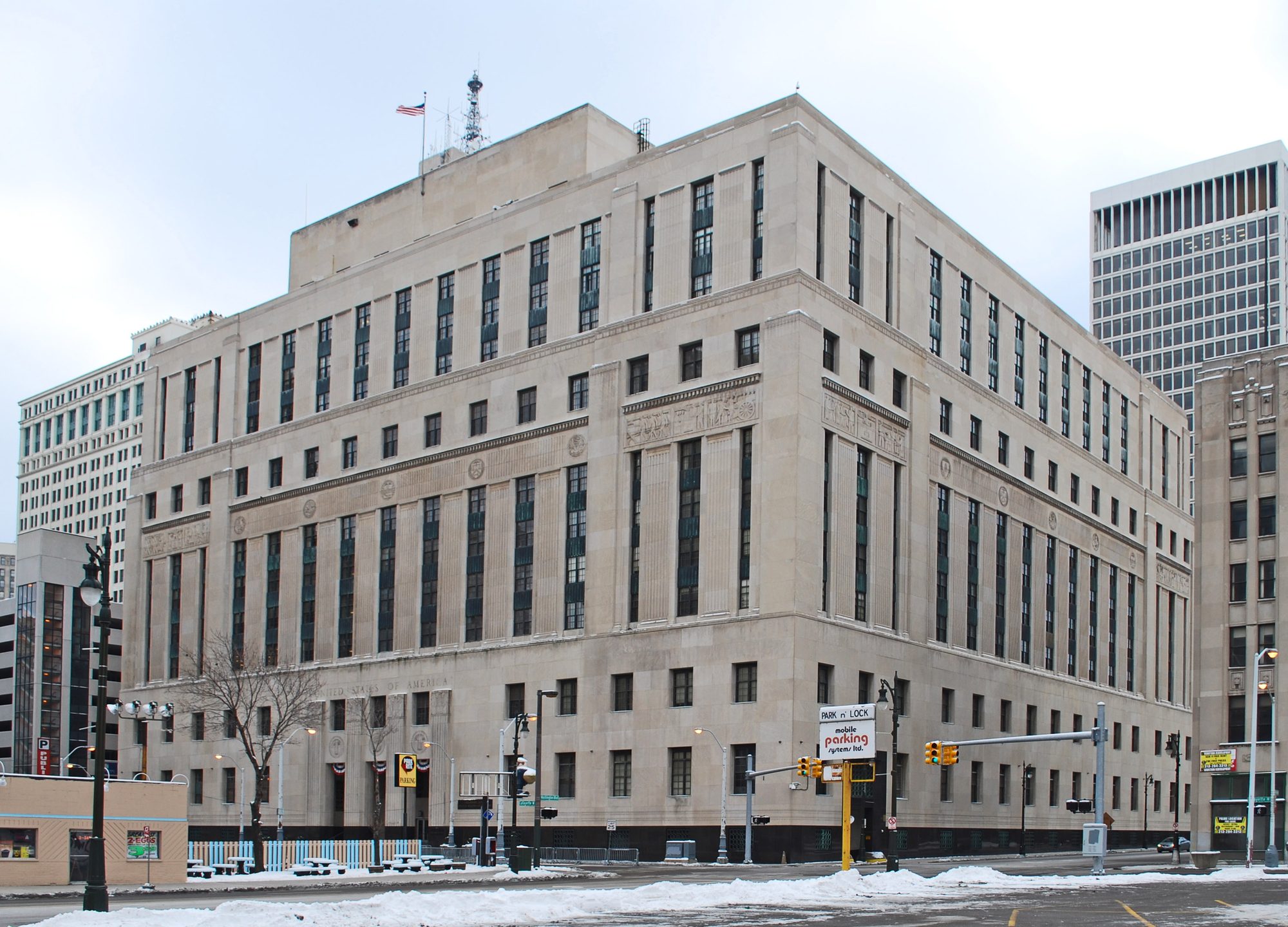Exterior of the Theodore Levin U.S. Courthouse in downtown Detroit.