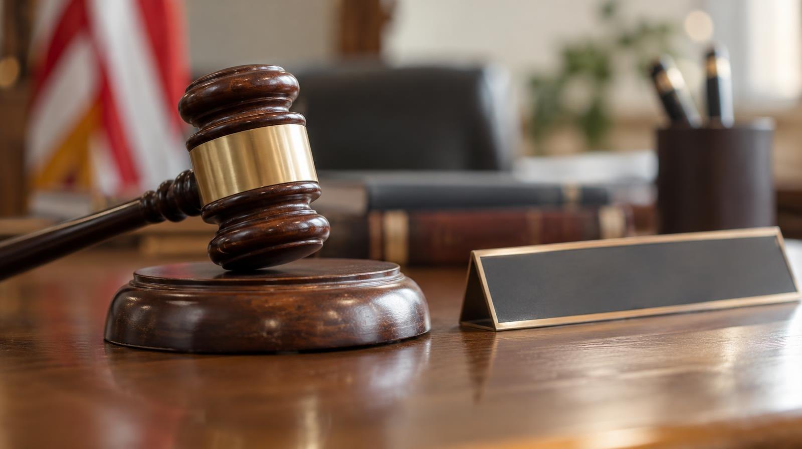 Wooden gavel resting on its sound block on a table.