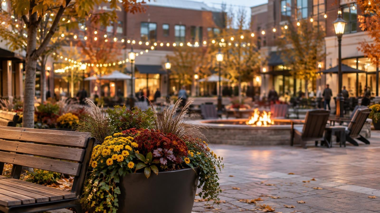 Festive outdoor plaza with string lights, storefronts, and open gathering space at dusk.
