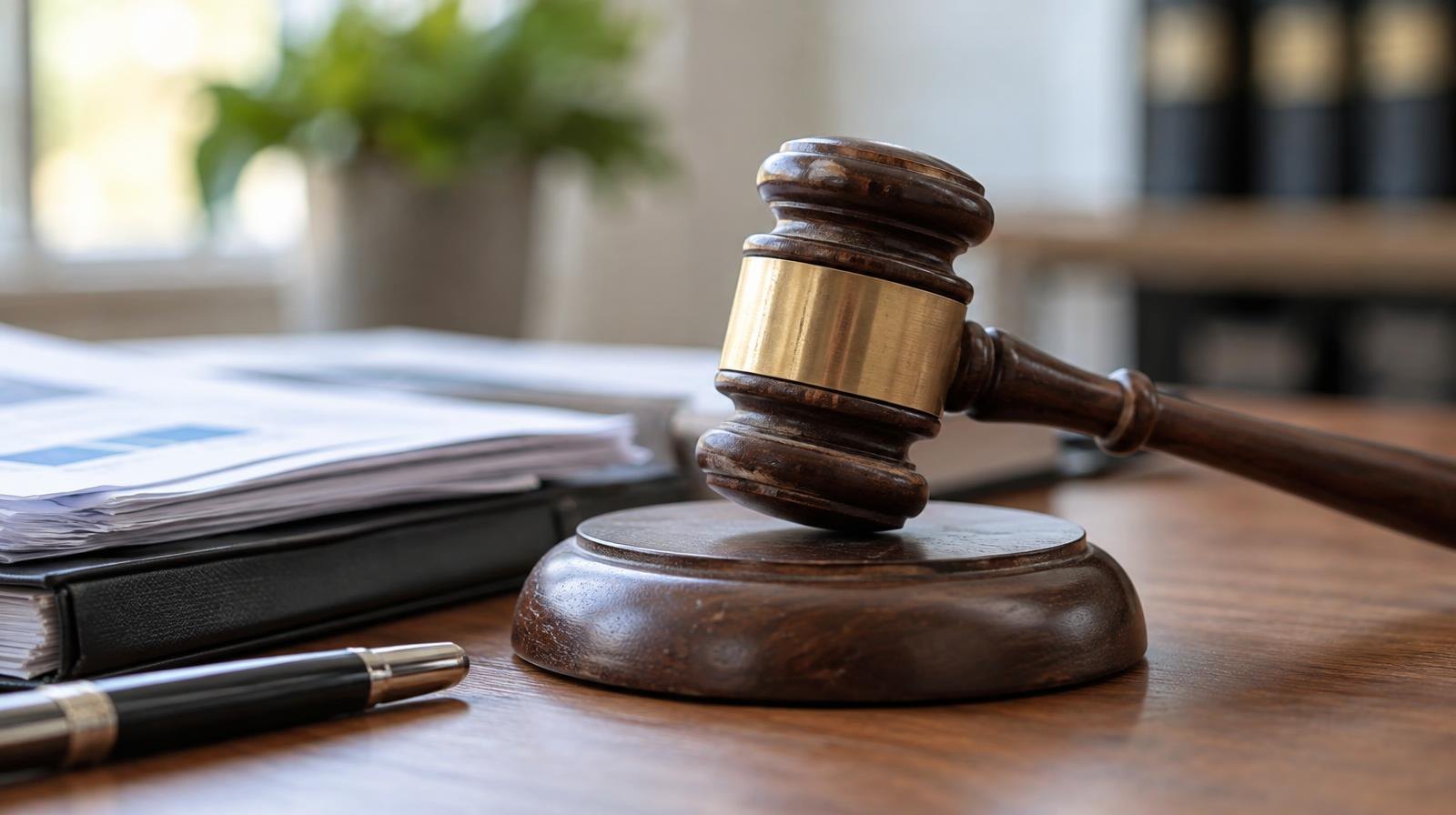 Wooden gavel on its sound block next to stacked papers and a pen on a desk.