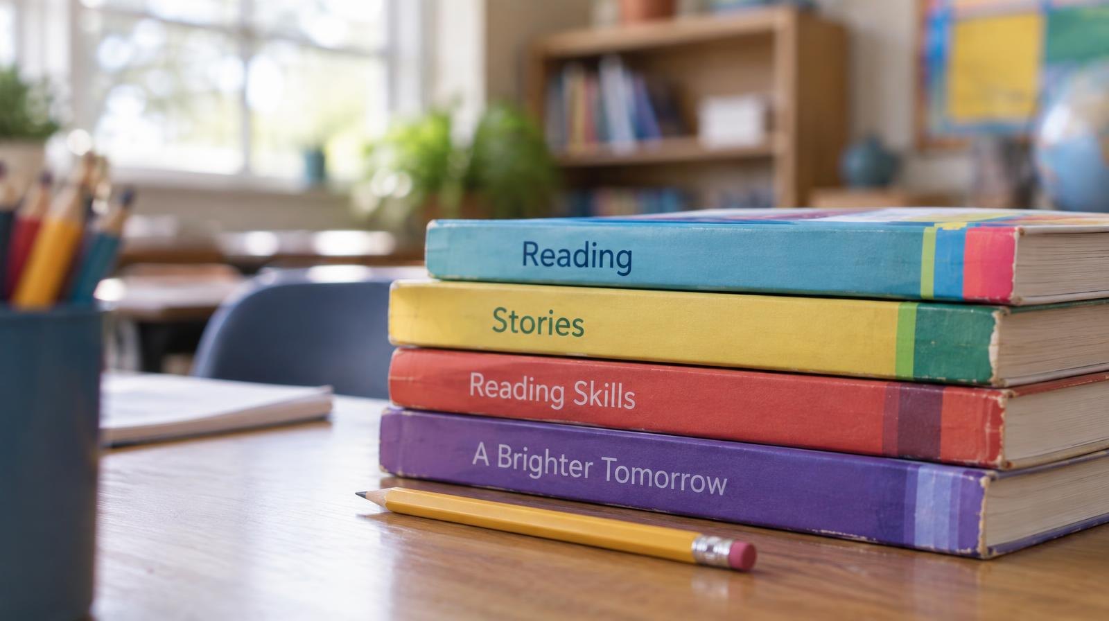 Colorful reading workbooks and a pencil stacked on a wooden school desk.