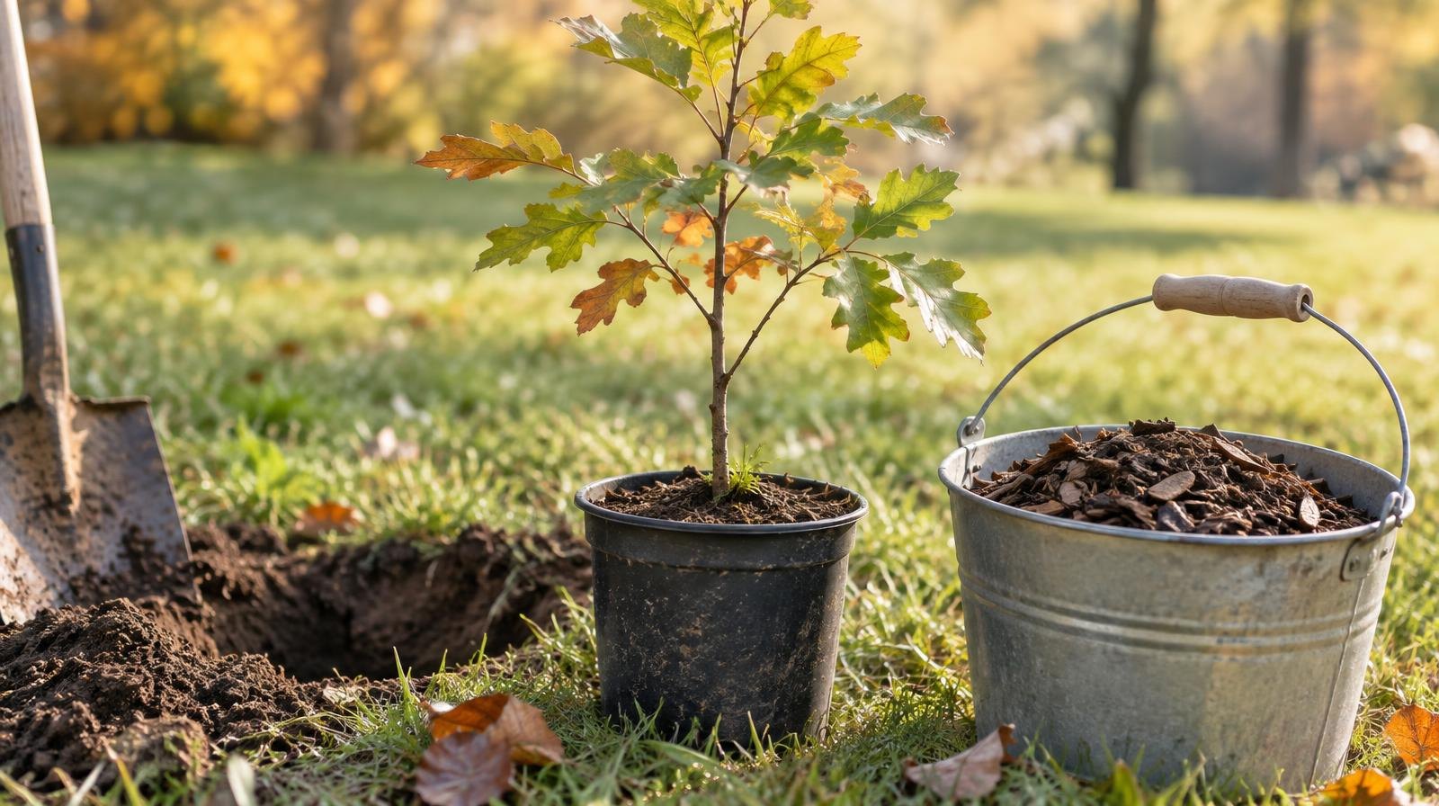Small tree sapling in a pot next to a bucket of mulch on a grassy lawn.