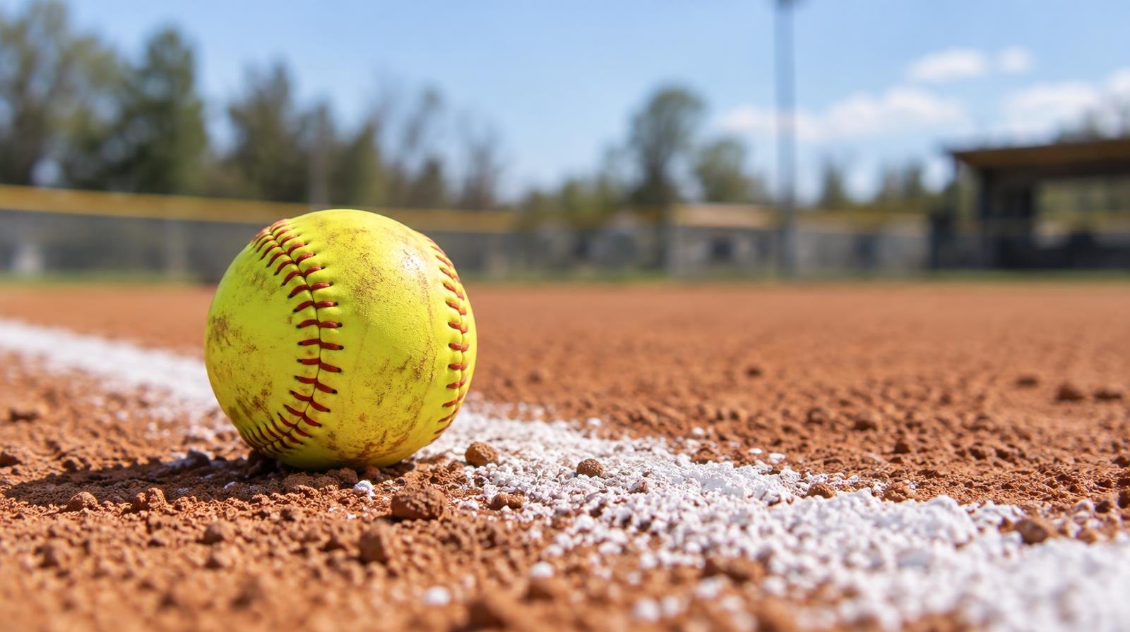 Yellow softball resting on red clay dirt next to a white chalk line.