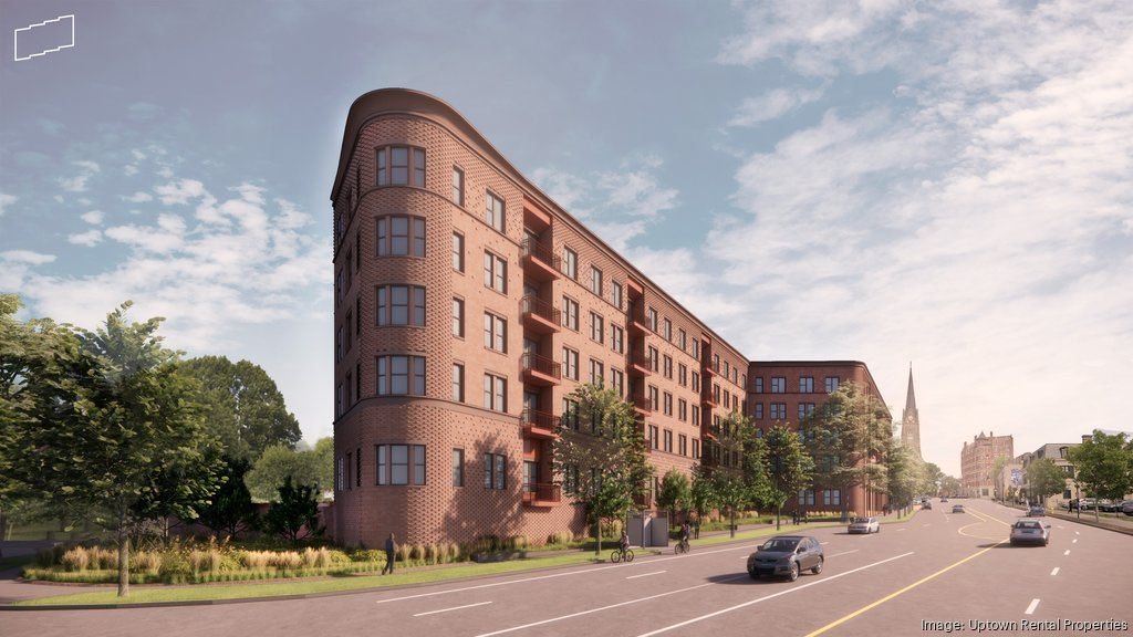 Architectural rendering of a five-story curved-corner brick apartment building on a tree-lined urban street.