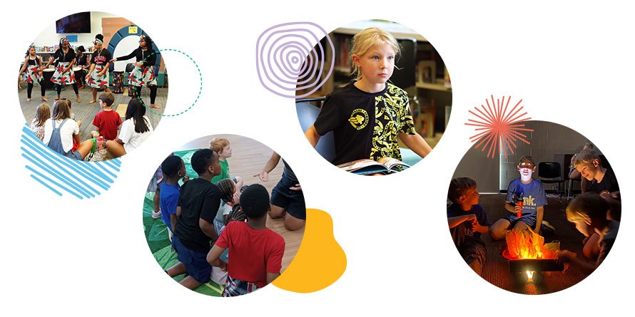 Collage of four circular photos showing children reading and participating in group activities.
