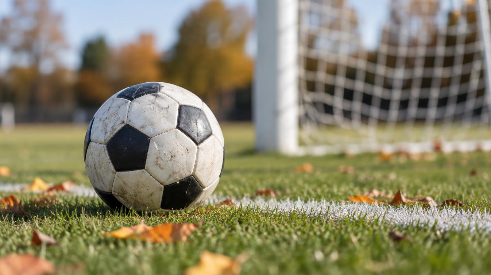 A soccer ball on a grass field with a goal net in the background.