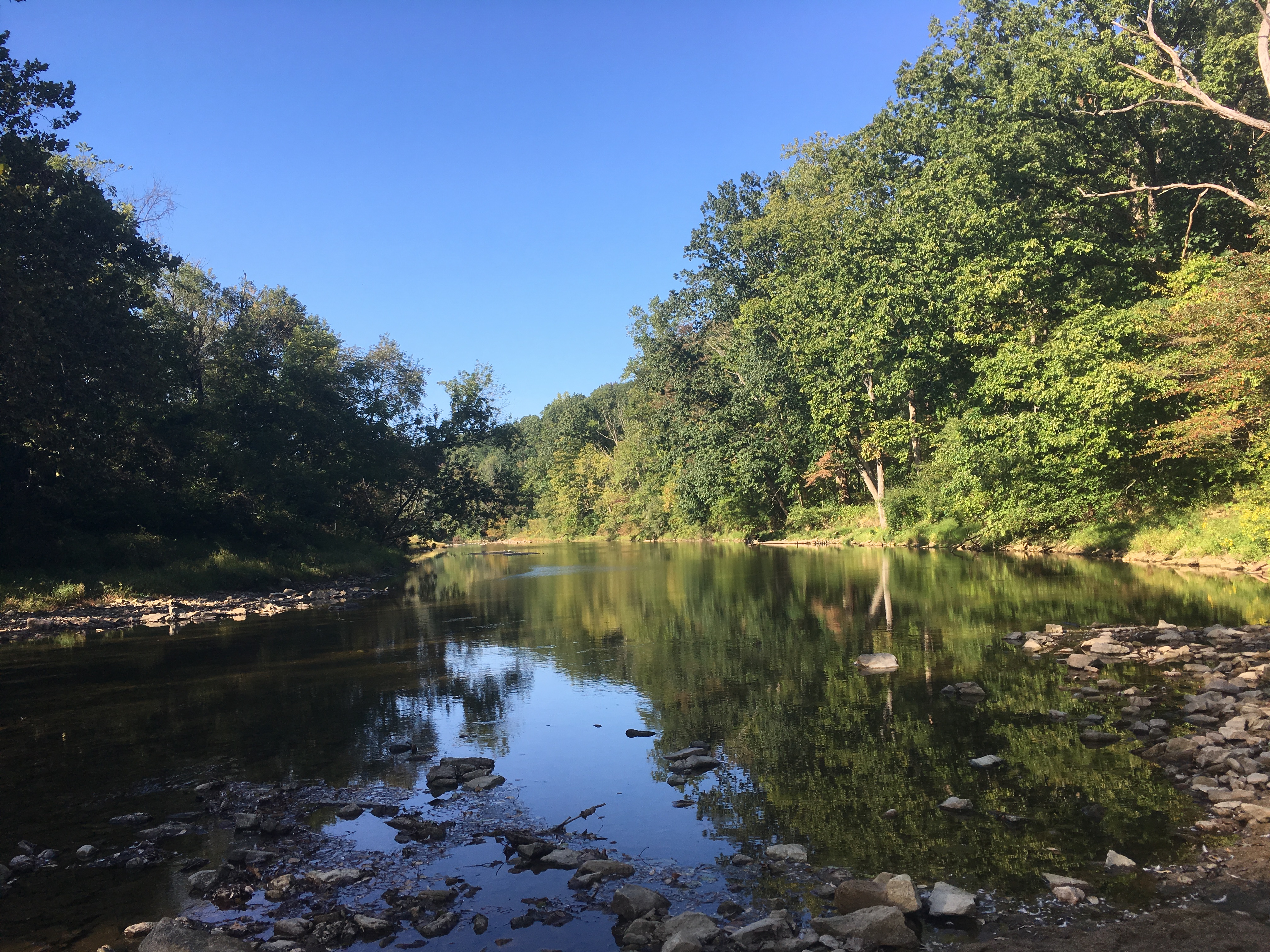 Calm, shallow creek with rocky banks and green trees reflected in the water.