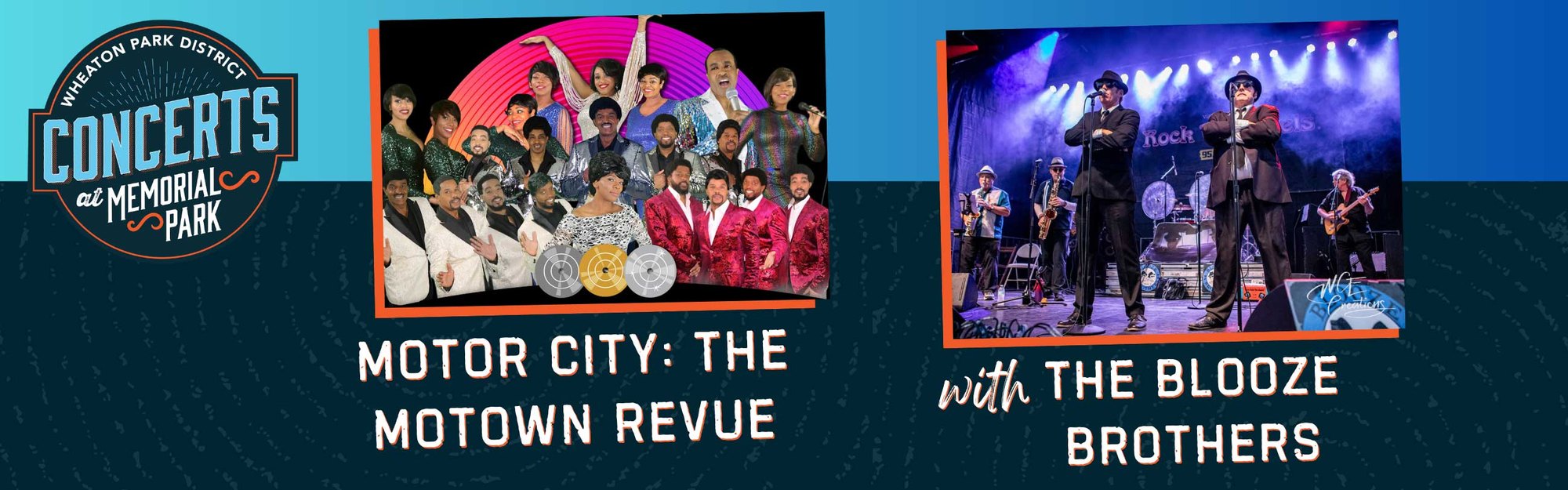 Promotional flyer showing two bands performing on stage for a Wheaton Park District concert series.