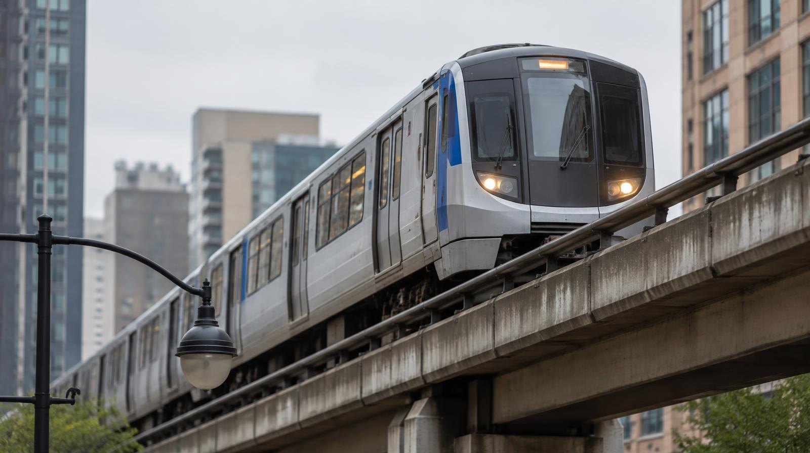 A modern light rail train on an elevated track above a city street, viewed from below.