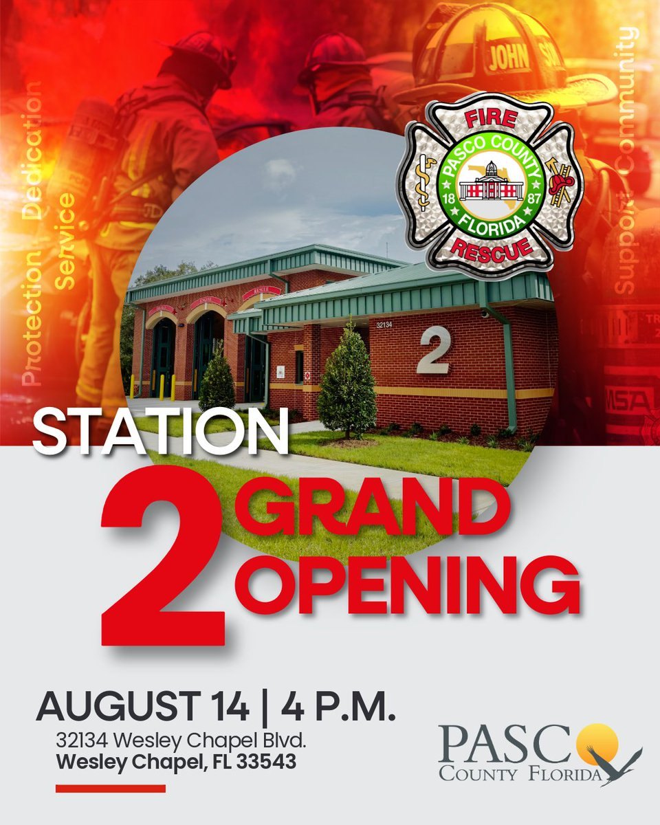 Event flyer showing a fire station building with the Pasco County Fire Rescue badge and grand opening details.