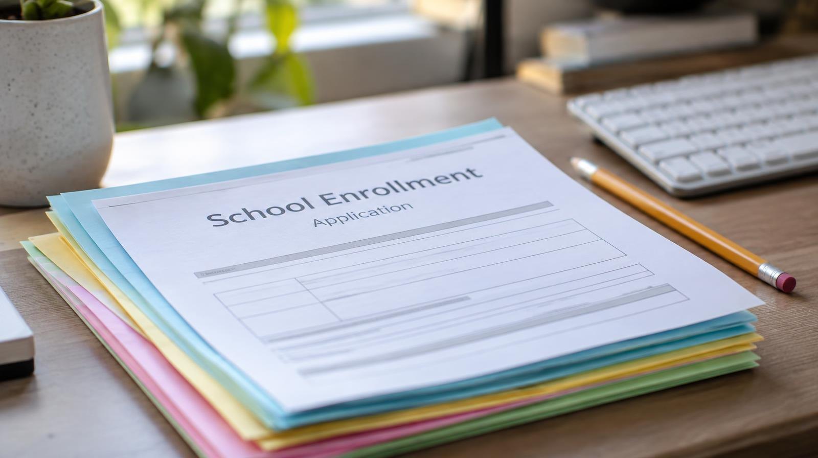 Colorful application forms stacked on a desk beside a pencil and keyboard.