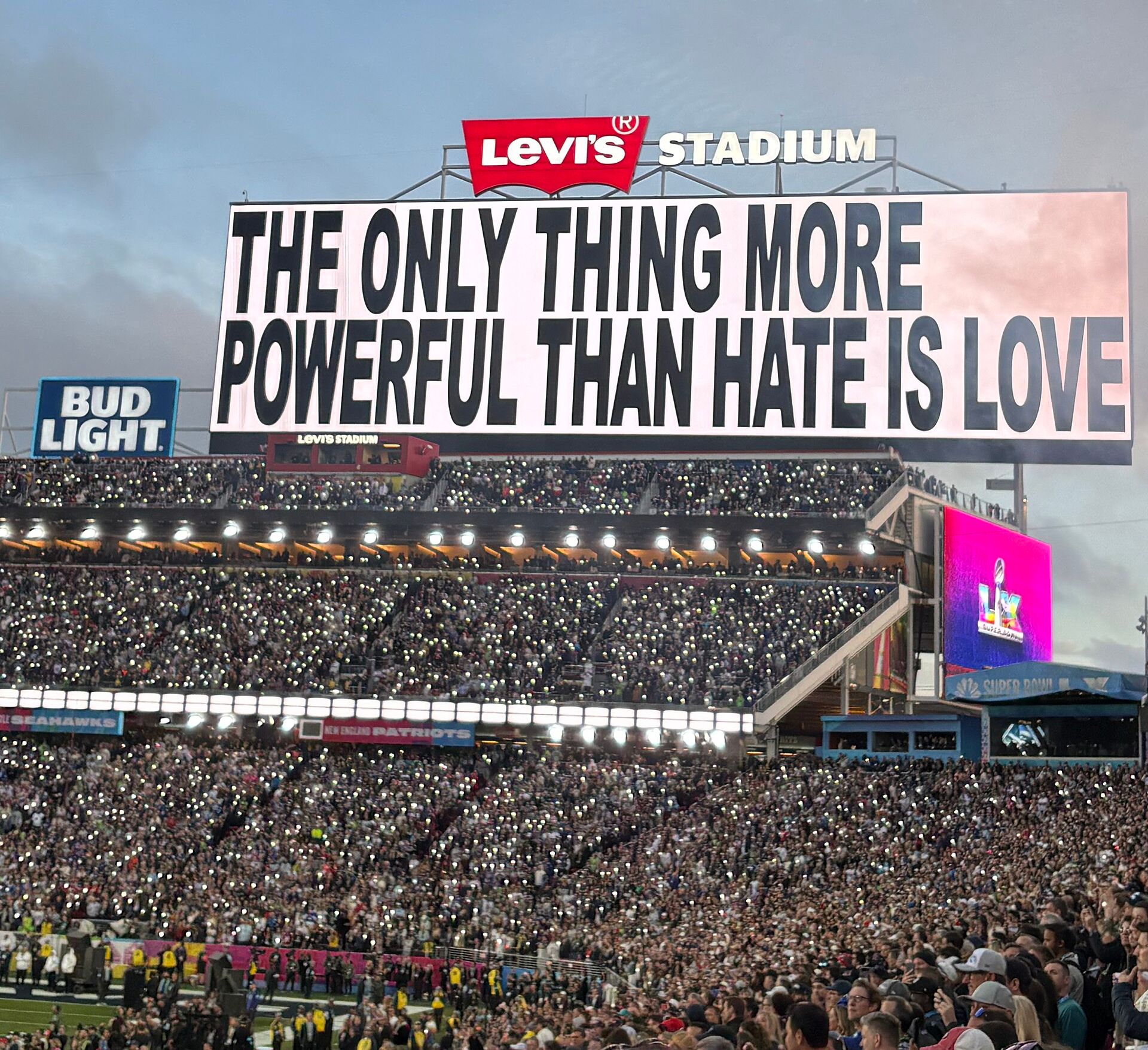 Super Bowl LX sign during Bad Bunny's performance.
