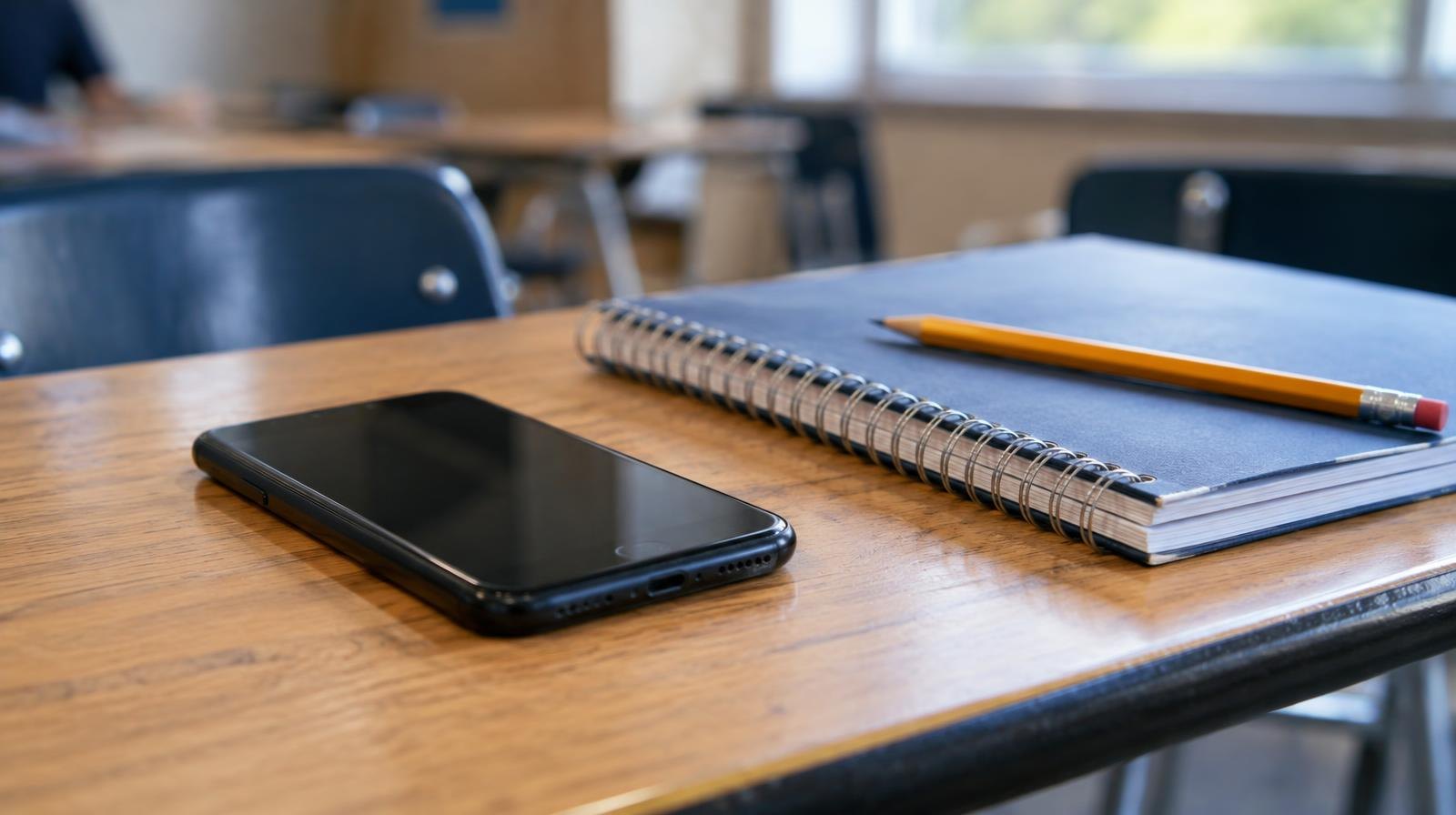 A smartphone face-down on a wooden school desk next to a closed notebook and pencil.