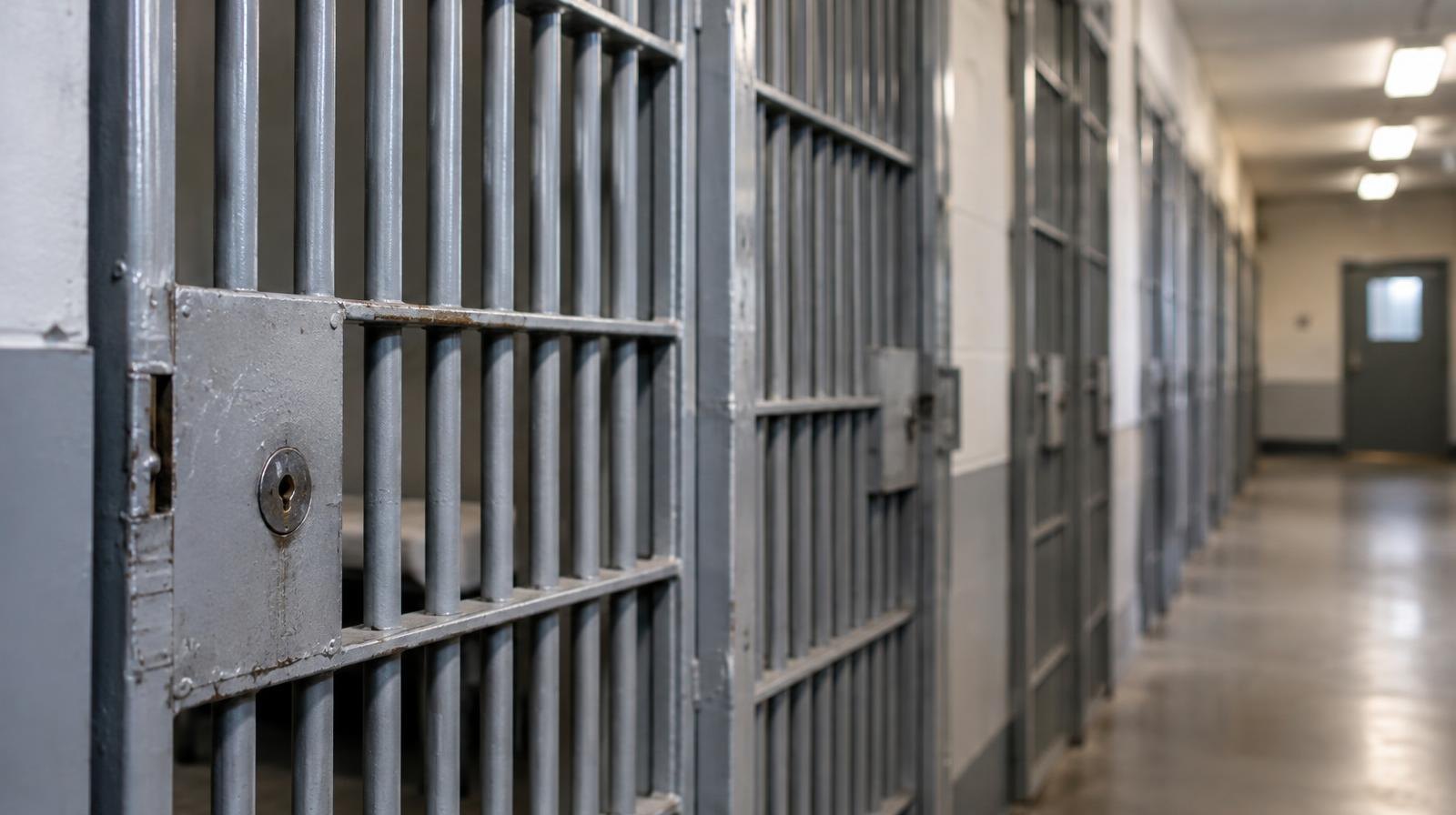 Heavy metal bars on a row of jail cell doors in a corridor.