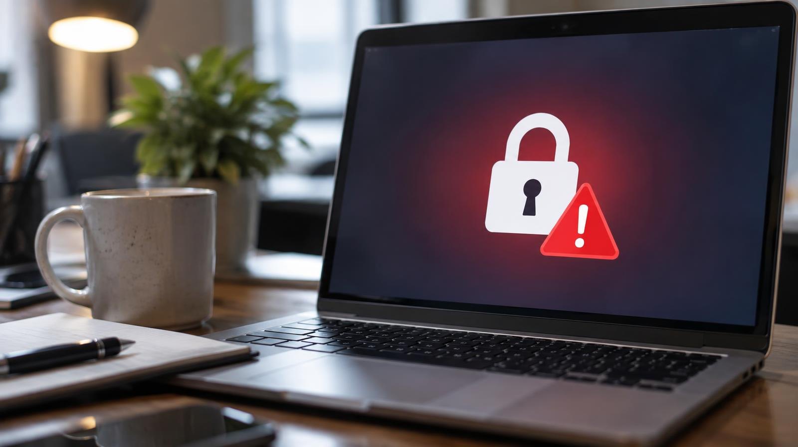 Laptop on a desk showing a padlock icon and security warning on screen.