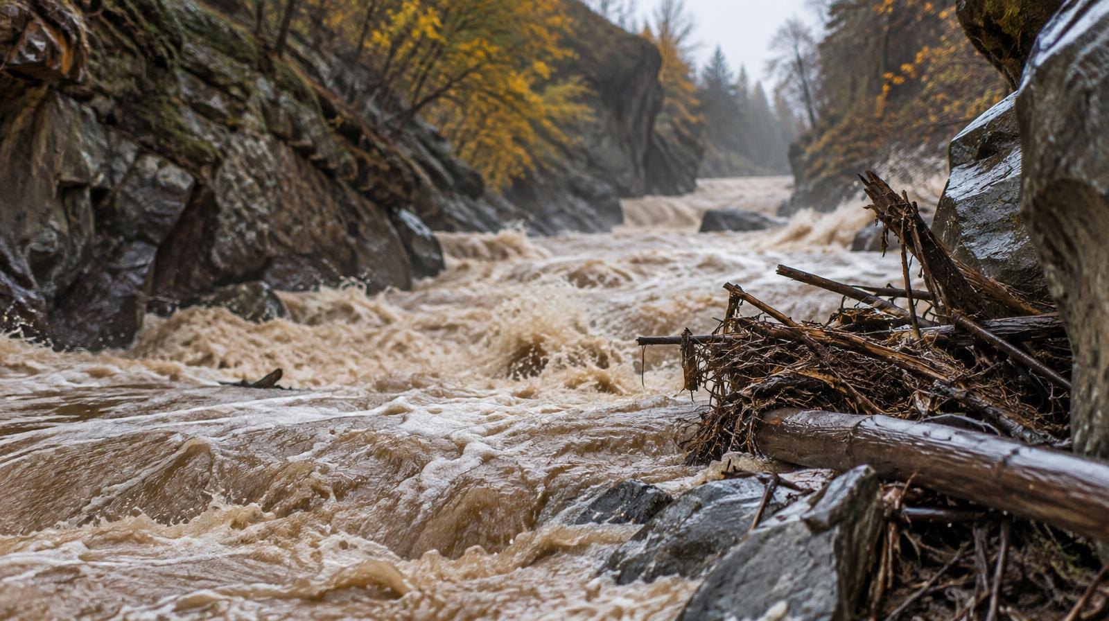 Muddy rushing water floods a narrow rocky canyon under grey skies.