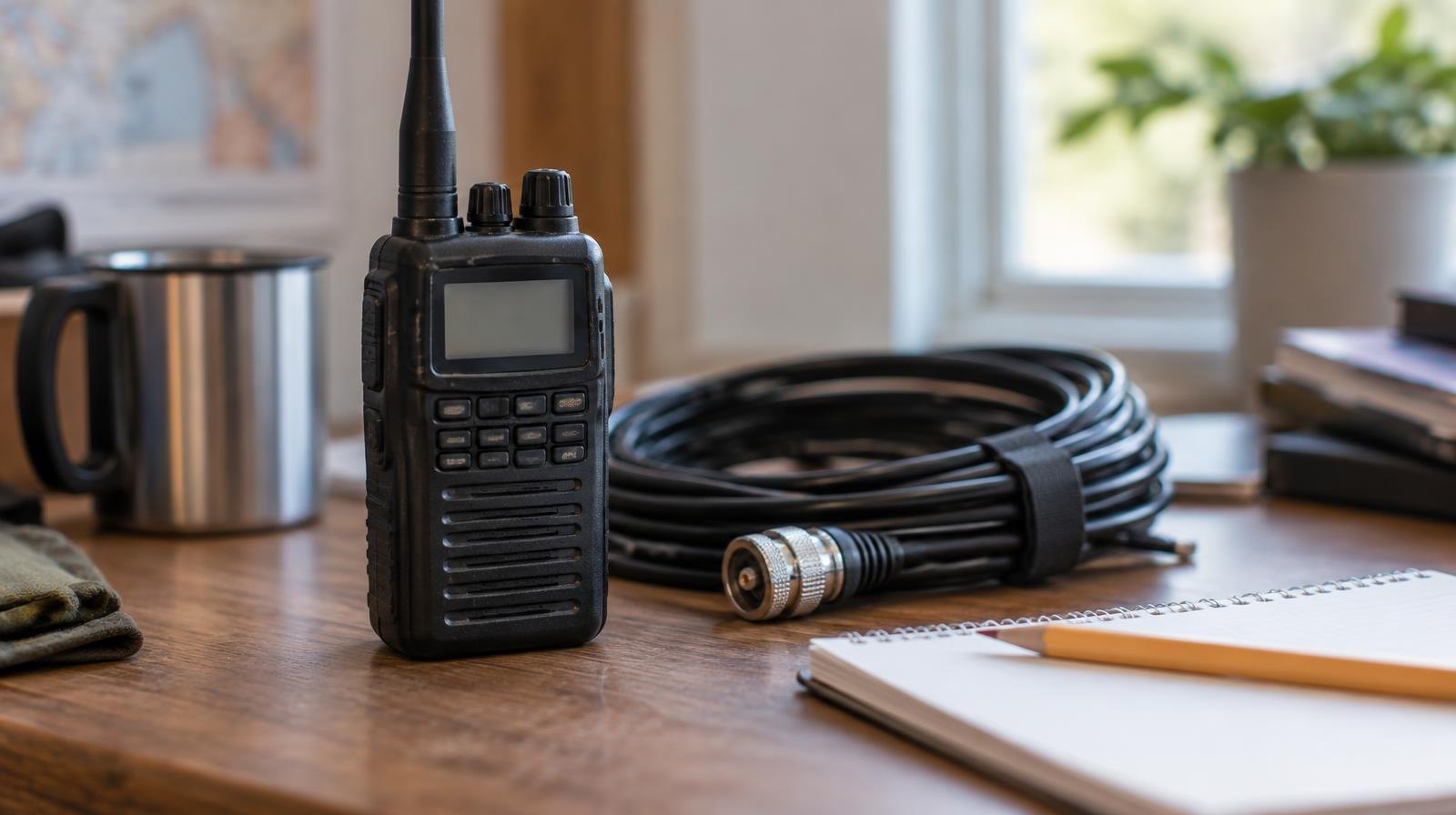 Handheld amateur radio transceiver on a table beside a coiled antenna cable and notepad.