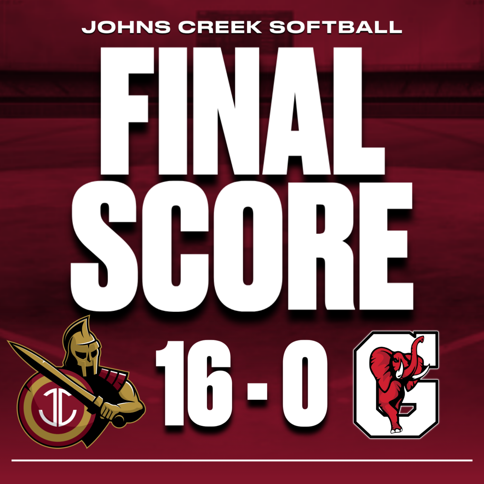 Score graphic showing Johns Creek Softball defeating Gainesville 16 to 0.