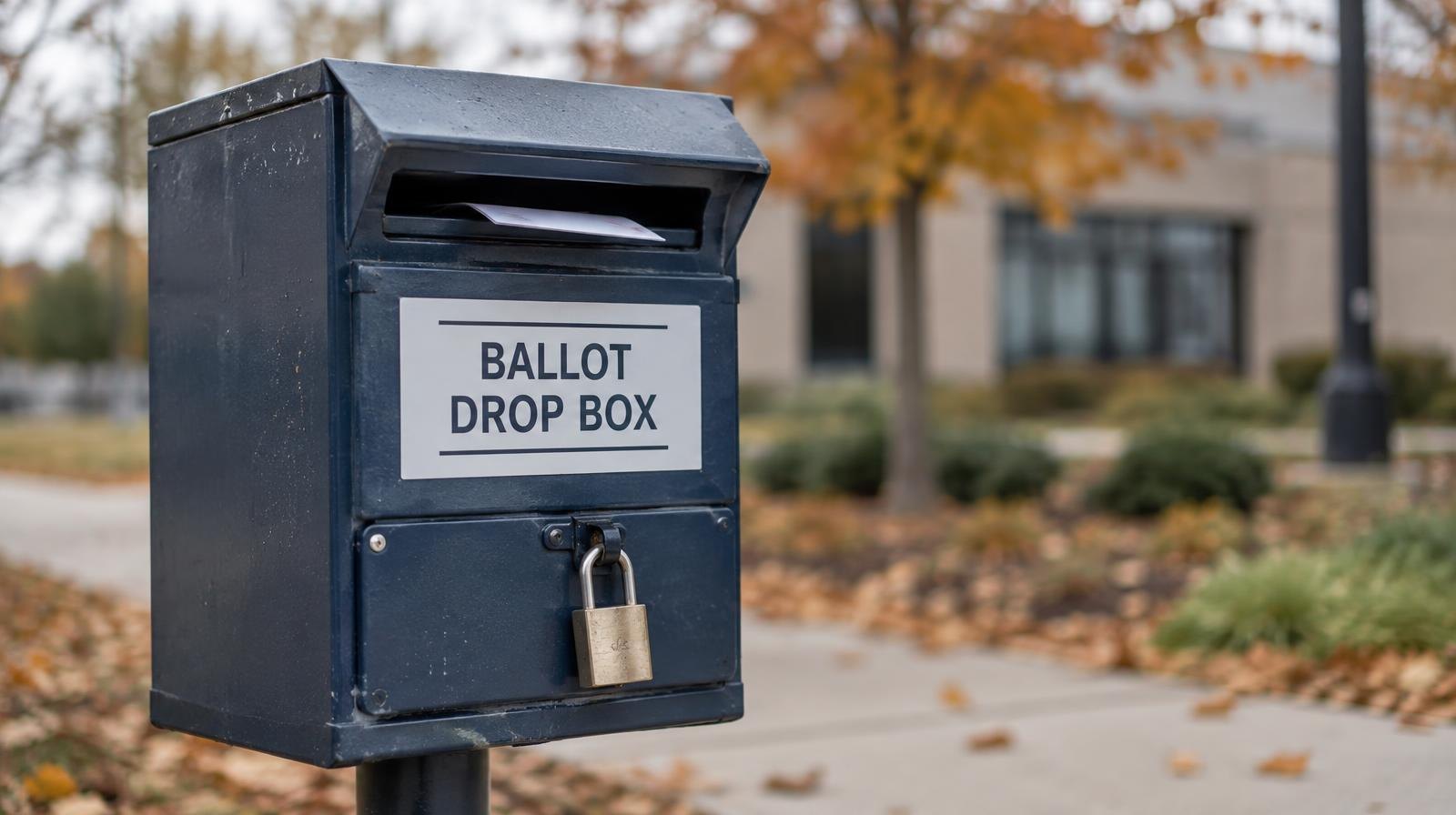 A metal ballot drop box on a post outdoors with a slot opening and padlock.