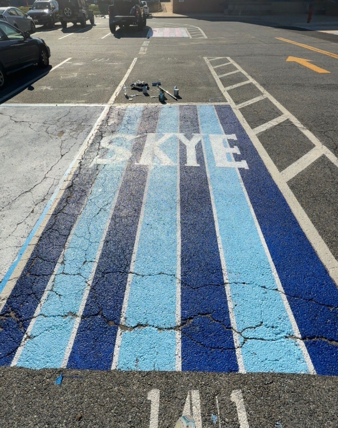 Parking spot painted with vertical blue stripes and the name 'SKYE' in white letters.