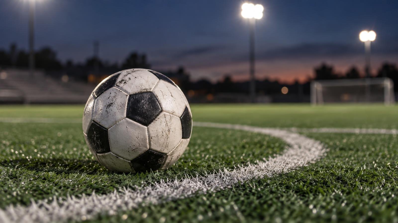 A soccer ball sits on the painted center circle of a turf field under bright lights.