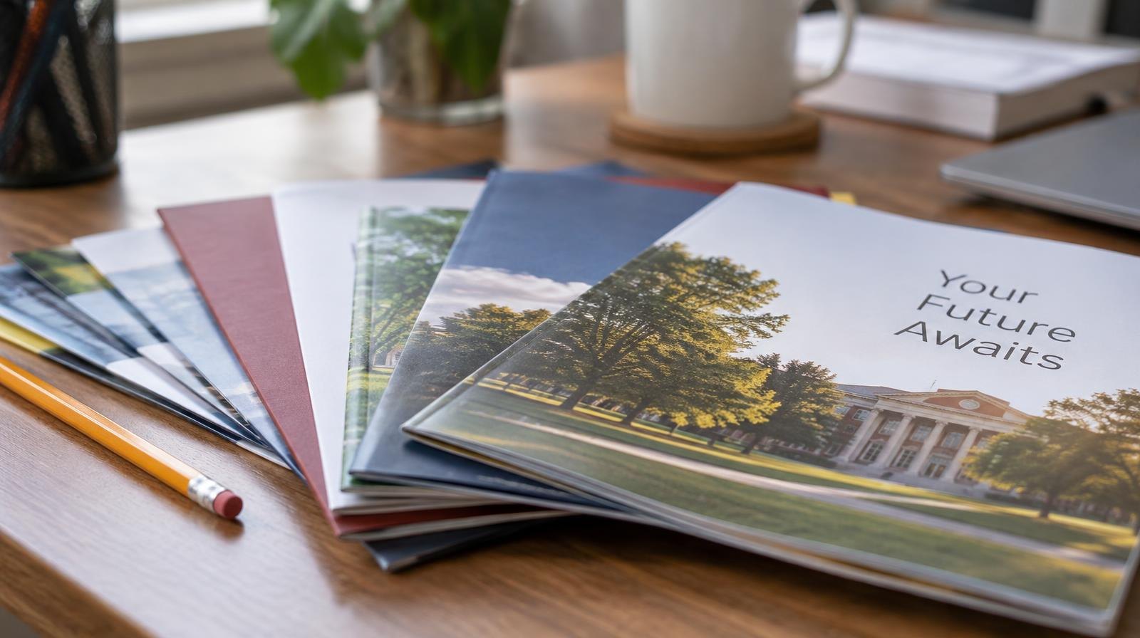 Stack of colorful college brochures and folders spread on a wooden desk beside a pencil.