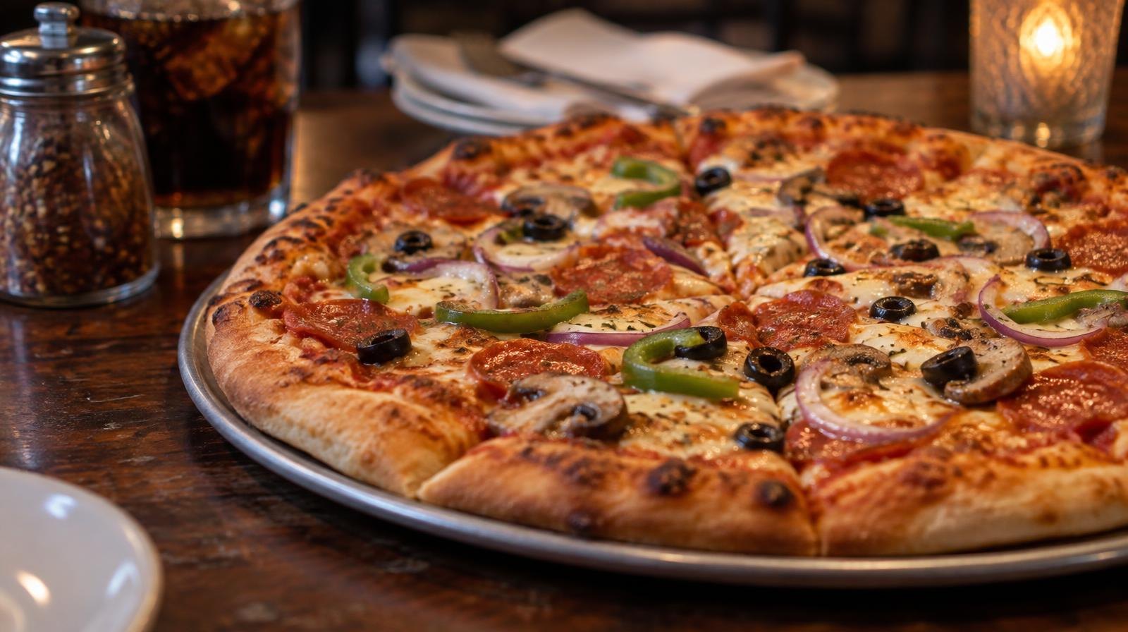 A freshly baked pizza with golden crust and melted cheese on a metal pan.