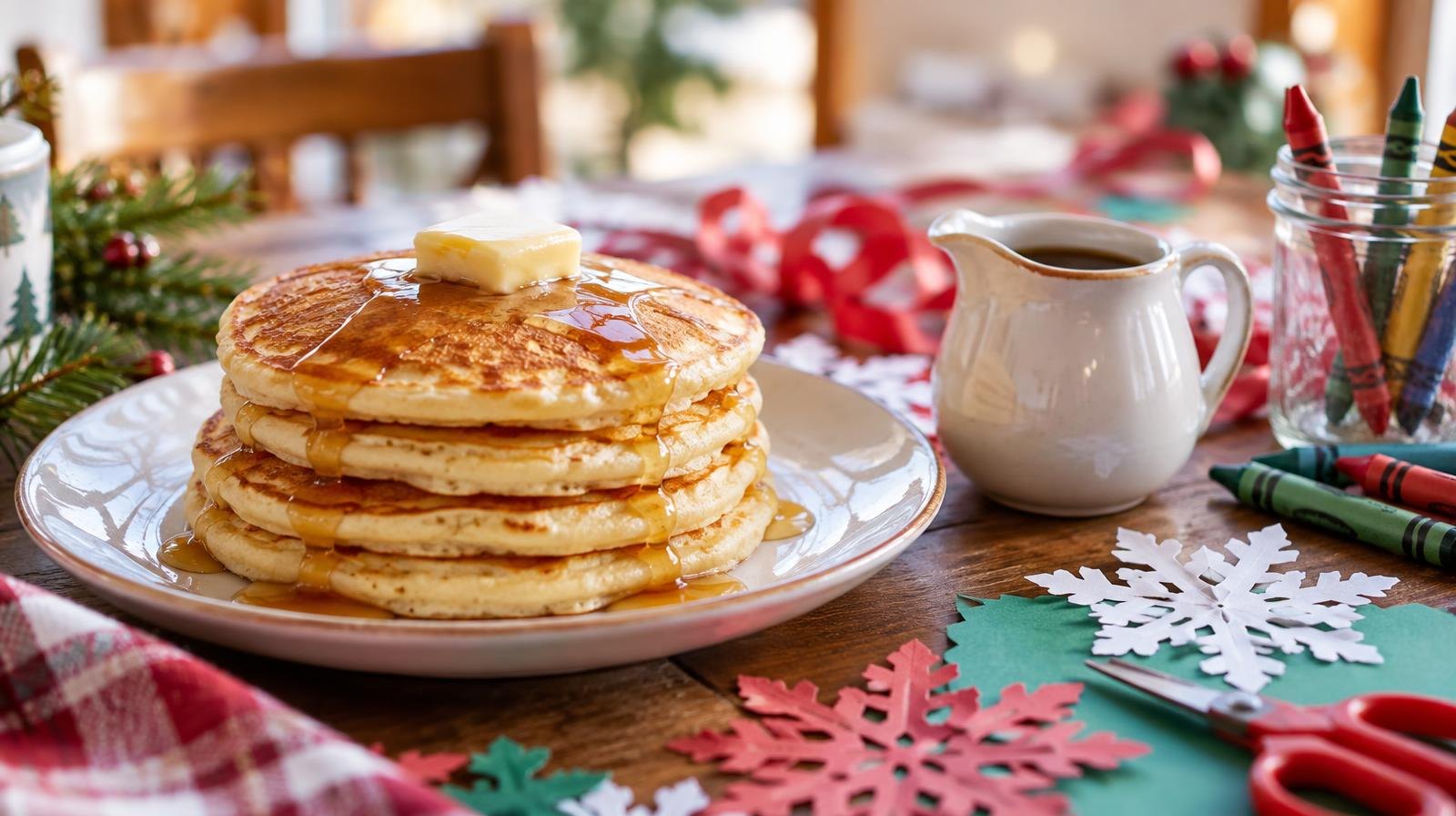 Stack of golden pancakes beside maple syrup and colorful holiday craft supplies on a table.