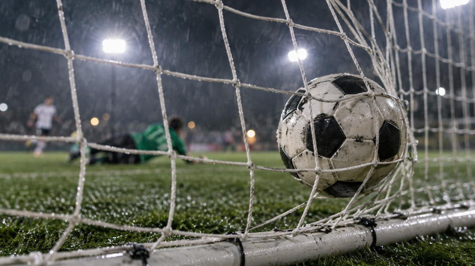 Soccer ball rolling into the back of a goal net under stadium lights.
